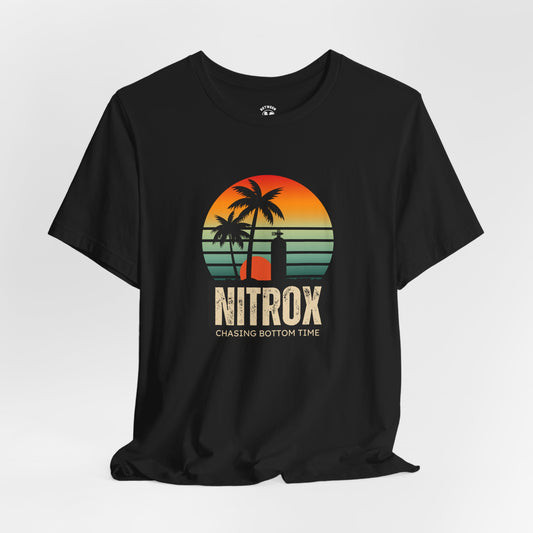 Black t-shirt with a playful vintage 'Nitrox' graphic design on a multicolor background with a sunset and scuba tank